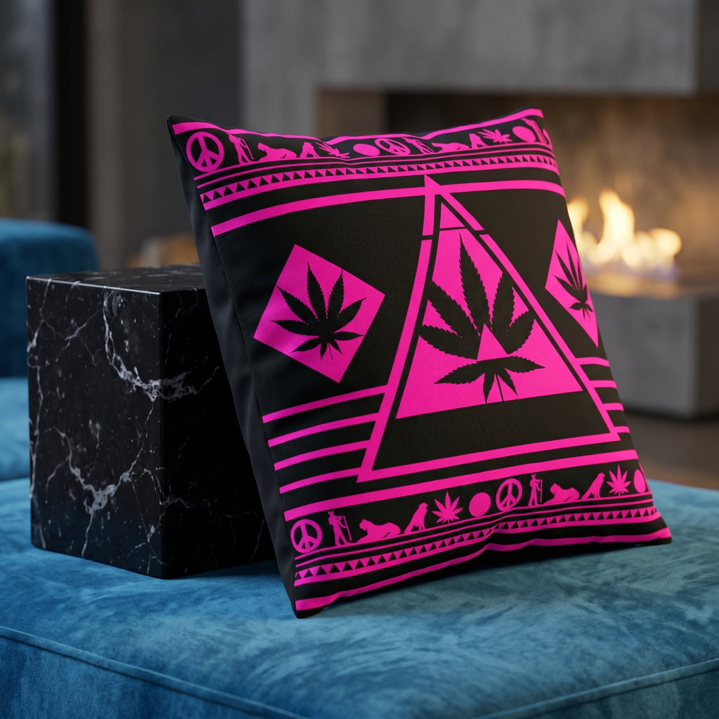 Vibrant Pink NGU Architect cannabis pillow propped on a blue sofa in a lived-in high-status sanctuary, showcasing the architectural triangle-up orientation.