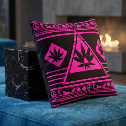 Vibrant Pink NGU Architect cannabis pillow propped on a blue sofa in a lived-in high-status sanctuary, showcasing the architectural triangle-up orientation.