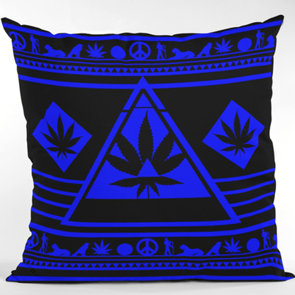 Front view of the Blue NGU Architect pillow on a concrete pedestal, featuring a vibrant blue cannabis leaf manifesto graphic on a 275gsm black matte-weave canvas with a perfectly upward-pointing white triangle.