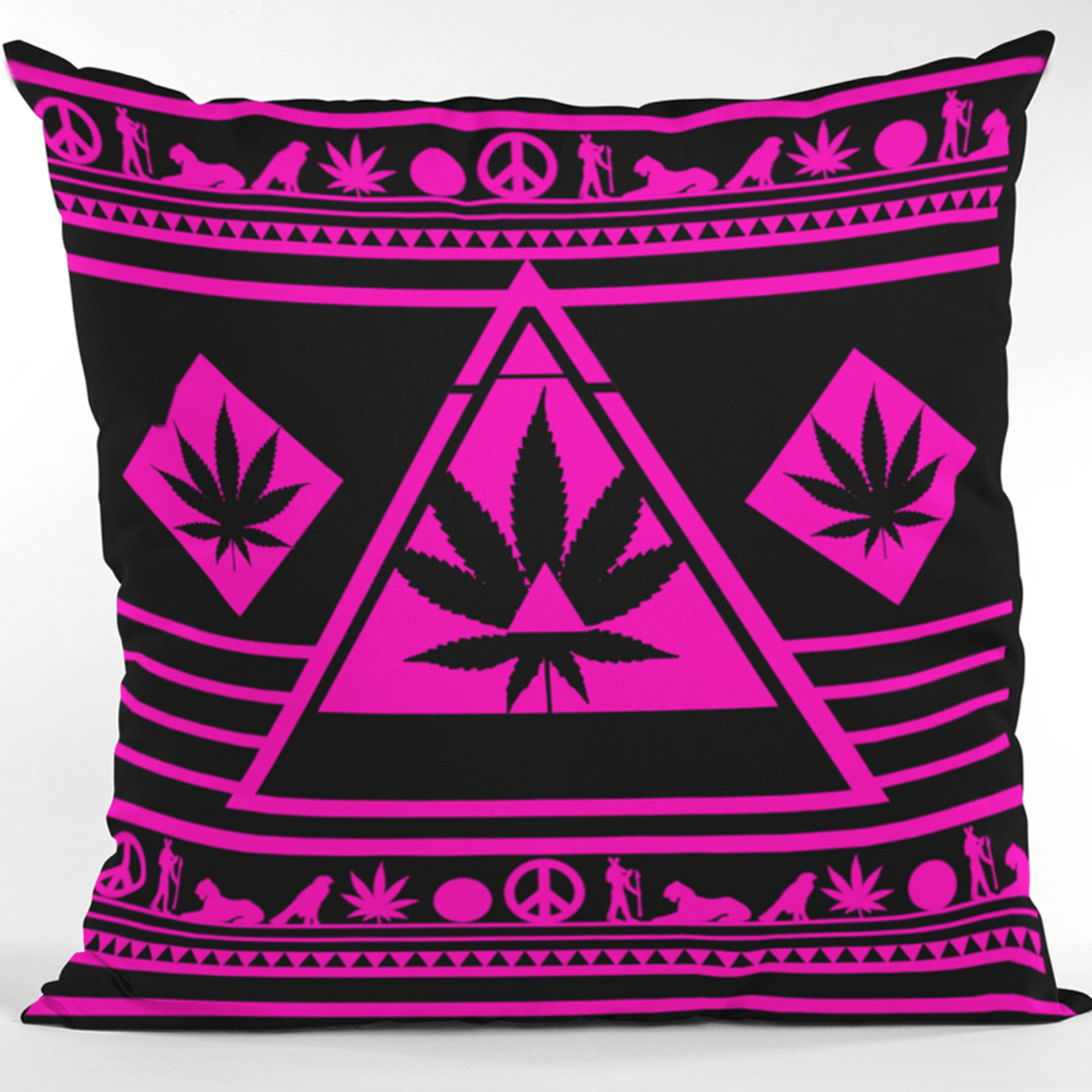 Front view of the Vibrant Pink NGU Architect pillow on a pedestal, featuring a high-vivid pink cannabis leaf manifesto design on a 275gsm black matte-weave canvas.